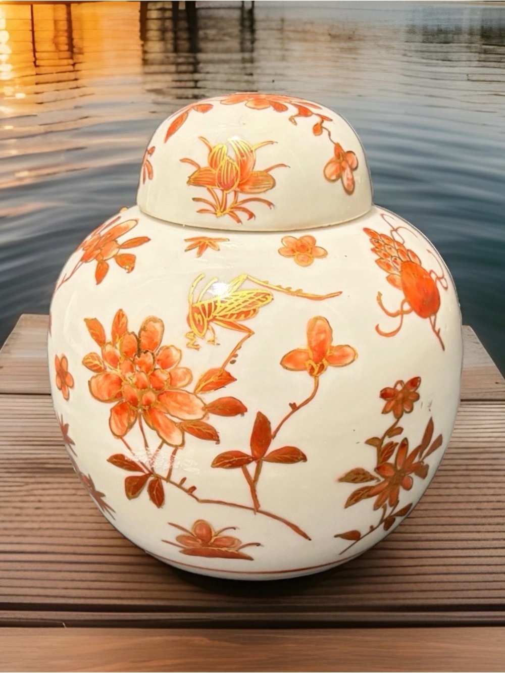 ACF Japanese Porcelain Ginger Jar Orange Gold Floral Butterfly Hong Kong 4.5in